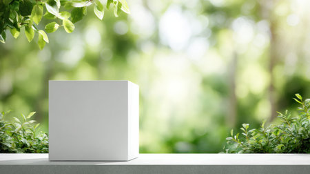 Minimal white podium showcases a luxury cosmetic product surrounded by blurred green foliage in bright daylight for a fresh look.の素材