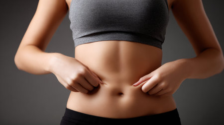 Female abdomen being gently pinched to illustrate the presence of fat rolls and cellulite, emphasizing a healthcare concept in detail.の素材