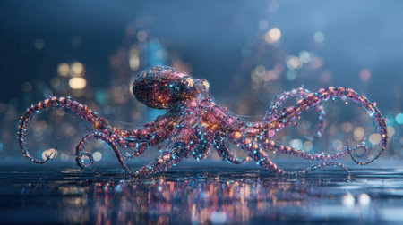 A chrome cyber-octopus glides in a dark digital sea, with a faint futuristic city in the backdrop, creating a mesmerizing scene.の素材