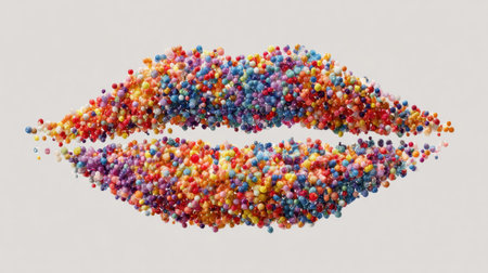 Colorful particles are arranged to create a kiss shape, set against a light backdrop with ample space for marketing content.の素材