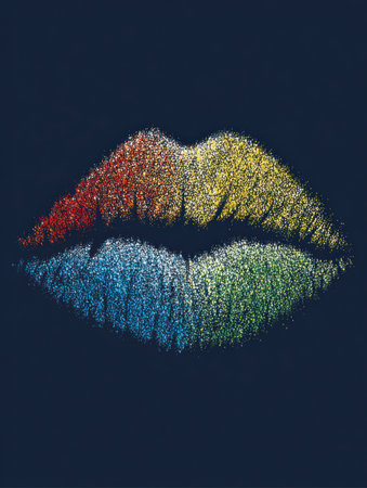 Colorful particles form a vibrant kiss shape on a dark background, perfect for modern marketing needs with plenty of space available.の素材