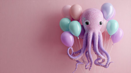 A cheerful octopus joyfully holds various pastel balloons against a soft pink background, perfect for a birthday theme.の素材