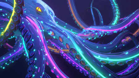 A cyber-octopus manipulates glowing network cables in a dark digital environment, showcasing a vivid display of neon colors amid online warfare.の素材