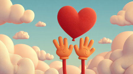 Cartoon hands hold a heart balloon high in a serene pastel sky filled with fluffy clouds, creating a playful and joyful scene.の素材