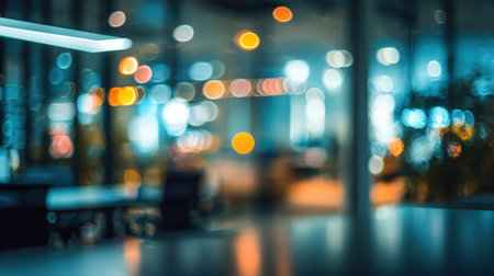 Blurry office space showcases a serene working environment at night with soft lights and a defocused design, creating a peaceful ambiance.の素材