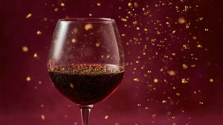 A crystal wine glass showcases rich red wine with shimmering gold particles in a refined and upscale atmosphere.の素材