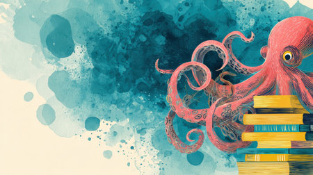 An adorable octopus with colorful tentacles is holding a stack of books, set against a wide open study background that inspires learning.の素材