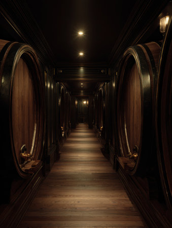 Inside a dark premium cellar, the corridor is lined with oak barrels that reflect golden hues, creating an inviting yet mysterious ambiance.の素材