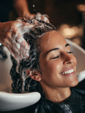 Woman enjoys a calming hair wash at a salon as the stylist gently massages her scalp, creating a tranquil atmosphere.の素材