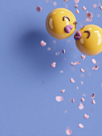 Two glossy clay emojis blowing kisses surrounded by floating heart-shaped petals on a vibrant blue background create a fun scene.の素材