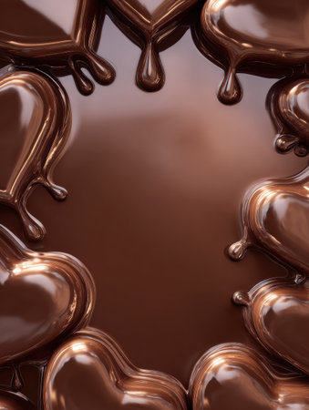 Delicious glossy heart chocolates surround a blank center, ideal for personal messages or festive greetings to share love and joy.の素材