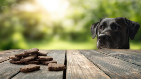 Sunlight filters through trees in a park as a dog gazes eagerly at tasty snacks placed on a rustic wooden platform.の素材