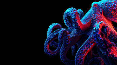 A glowing deep-sea octopus showcases vibrant bioluminescent patterns against the dark abyss, highlighting its unique features in the ocean depths.の素材