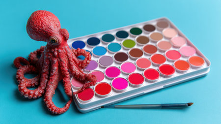 A playful octopus grips a paintbrush beside a bright palette filled with various colors. The scene is cheerful and imaginative.の素材