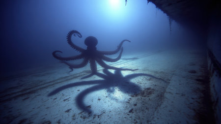 Underwater scene shows a giant octopus casting a dramatic shadow against a ship hull, creating a sense of mystery in the surrounding water.の素材