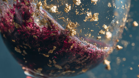 A crystal wine glass showcases deep red wine, with shimmering gold particles floating elegantly, creating a luxurious setting.の素材