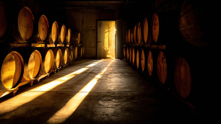 Soft light illuminates a barrel room filled with wooden barrels, casting dramatic shadows on the floor and enhancing the warm ambiance.の素材