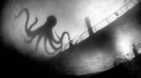 Underwater scene reveals a giant shadow of an octopus projected against a ships hull, enhanced by dramatic lighting and empty space.の素材