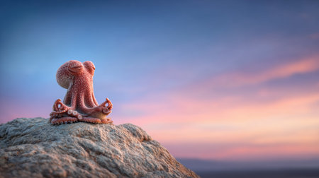 A small octopus sits calmly on a rock, enjoying the sunrise in a gentle pastel sky. The scene is tranquil and peaceful.の素材