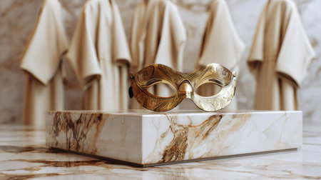 A skin mask on a marble podium, surrounded by blurred spa robes, creates a serene and inviting relaxation atmosphere.の素材