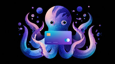 Tentacles wrap around credit card icons showcasing fintech power within a sleek, gradient corporate layout illustrating control and innovation.の素材