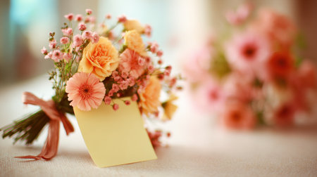 A blank note is pinned onto a bouquet of colorful flowers, creating a tender and romantic atmosphere in a soft, blurred background.の素材