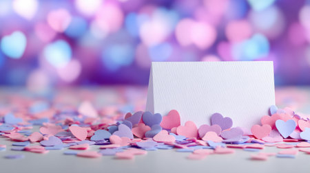 A blank white card is placed on a surface scattered with tiny pink and purple hearts, set against a bright bokeh background.の素材