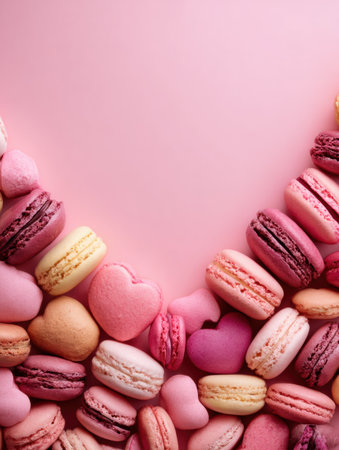 Assorted pink macarons create a lovely heart shape at the bottom, leaving open space above for warm greetings.の素材