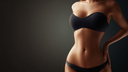 A woman poses with her abdomen bending forward, highlighting natural curves and promoting a realistic and healthy body image.の素材