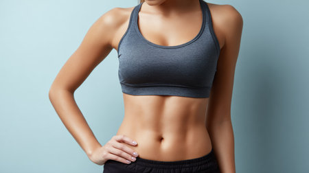 This photo features a female abdomen with soft fat folds against a neutral pastel background, emphasizing a moment before weight loss.の素材