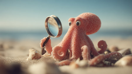 A cute octopus interacts with a magnifying glass on a beautiful shoreline, surrounded by sand and seashells under a clear sky.の素材