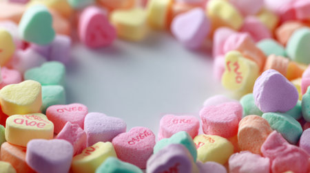 Colorful candy hearts surround a clean and soft blank center, creating a charming and inviting space for personal notes or designs.の素材