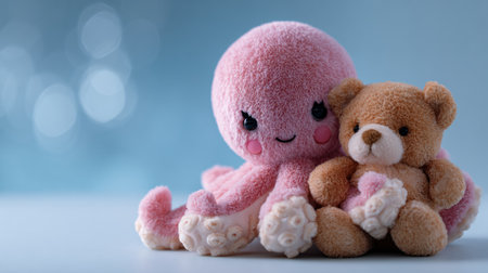 A cheerful pink octopus hugs a teddy bear, creating a soothing scene perfect for promoting childrens toys in a soft pastel color palette.の素材