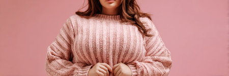 A plus size model in a soft pink sweater stands confidently, showing her body and expressing a commitment to weight loss and wellness.の素材