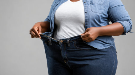 A fat woman is trying to zip her jeans while standing, determination showing and a casual look in a simple setting.の素材