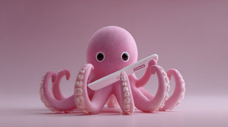 A whimsical pink octopus with a pizza cutter is ready for cooking in a bright and playful kitchen designed for kids.の素材