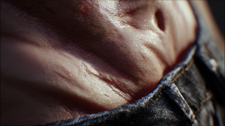 Detailed portrayal of belly crease when seated, highlighting folds and natural skin tones, capturing a moment of relaxed posture.の素材