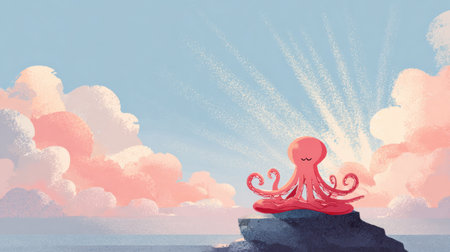 A charming octopus sits calmly on a rock, meditating as the sun rises, surrounded by pastel hues and a wide, serene sky.の素材