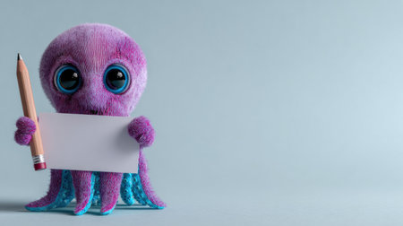Adorable octopus mascot smiles while holding a pencil against a soft pastel sea background, leaving room for custom text.の素材