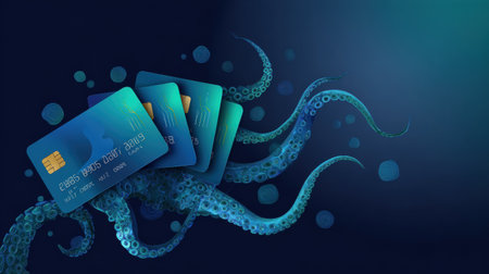Tentacles grasp digital credit card icons, representing the influence of fintech amid a smooth, gradient background with an open layout.の素材