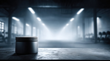 Protein powder sits on a dark table with blurred gym equipment in the background, lit dramatically for a fitness atmosphere.の素材