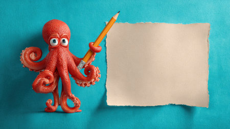 A cheerful octopus mascot holds a pencil in a vibrant pastel sea setting with a large area available for adding text or messages.の素材