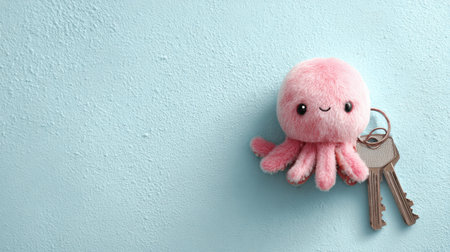 This adorable octopus grips a house key against a soft pastel background, perfect for a lighthearted real estate advertisement.の素材