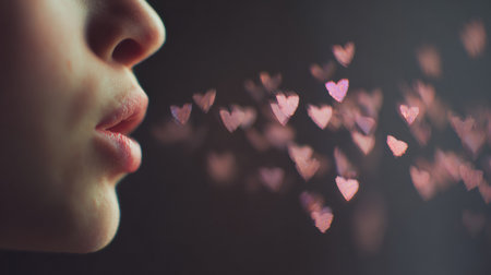 A gentle stream of glittering hearts flows from a softly blurred mouth creating a whimsical backdrop with deep bokeh shadows.の素材