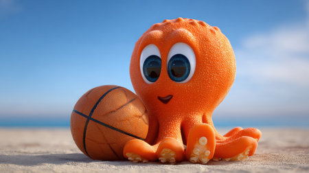 An adorable orange octopus is playfully holding a basketball, set against a vast blue sky, creating an exciting atmosphere for kids sports.の素材