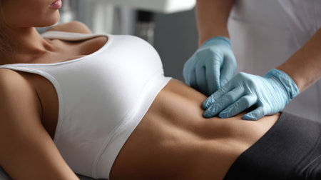 A woman undergoing a belly pressure test in a clinical setting as a healthcare professional presses inward on her stomach to assess body composition.の素材