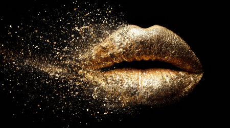 Lips release a burst of golden glitter against a luxurious black backdrop, creating a stunning canvas for brand messaging.の素材