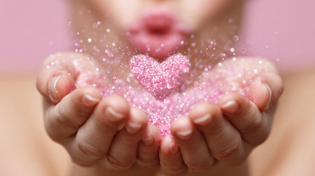 Manicured hands blow shimmering heart-shaped glitter particles in a soft pastel setting, creating a vibrant beauty product display.の素材