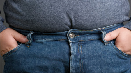 A person stands with hands in pockets, unable to button tight jeans because of their larger belly, illustrating struggle with diet failure.の素材