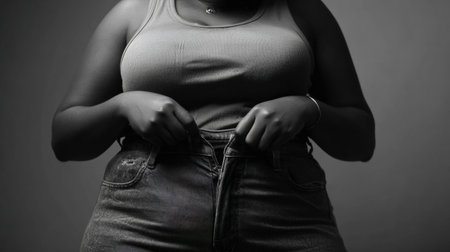 A woman with a round figure is attempting to zip her jeans, showing determination and a focus on comfort in her outfit.の素材